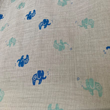 Load image into Gallery viewer, Organic Cotton Muslin Swaddle cloth with blue and turquoise elephant design on white. 
