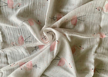 Load image into Gallery viewer, Organic Cotton Muslin Baby Swaddle Cloth with delicate pink flamingo pattern on white.
