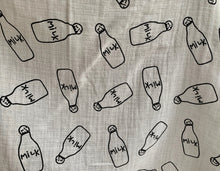 Load image into Gallery viewer, Organic Cotton Muslin Baby Swaddle Cloth with Black milk bottle pattern on white.
