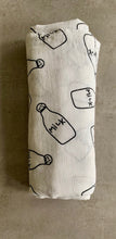 Load image into Gallery viewer, Organic Cotton Muslin Baby Swaddle Cloth with Black milk bottle pattern on white.
