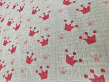 Load image into Gallery viewer, Organic Cotton Muslin Baby Swaddle Cloth with pink crowns pattern on white.
