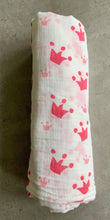 Load image into Gallery viewer, Organic Cotton Muslin Baby Swaddle Cloth with pink crowns pattern on white.
