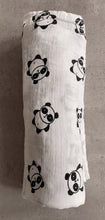 Load image into Gallery viewer, Organic Cotton Muslin Baby Swaddle Cloth with cute Black Panda pattern on white.
