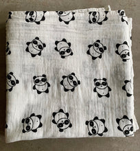 Load image into Gallery viewer, Organic Cotton Muslin Baby Swaddle Cloth with cute Black Panda pattern on white.
