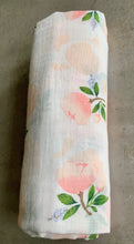 Load image into Gallery viewer, Organic Cotton Muslin Baby Swaddle Cloth with delicate floral pink/peach rose and cotton pattern on white.
