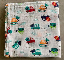 Load image into Gallery viewer, Organic Cotton Muslin Baby Swaddle Cloth with colourful car, mixer and digger print on white.
