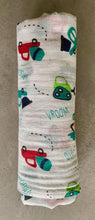 Load image into Gallery viewer, Organic Cotton Muslin Baby Swaddle Cloth with colourful car, mixer and digger print on white.
