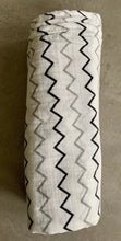 Load image into Gallery viewer, Organic Cotton Muslin Baby Swaddle Cloth with black and grey zigzag print on white.
