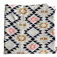 Load image into Gallery viewer, Organic Cotton Muslin Baby Swaddle Cloth with geometric aztec pink and black pattern on white.
