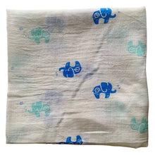 Load image into Gallery viewer, Organic Cotton Muslin Swaddle cloth with blue and turquoise elephant design on white. Cloth is folded neatly to show design.
