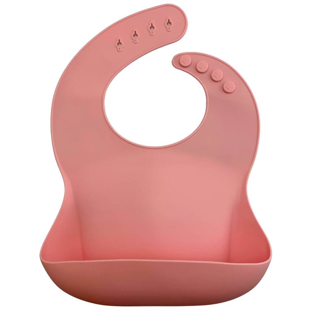 Silicone Bib BPA Free in blush light pink colour and 4 buttons with large crumb catcher scoop.