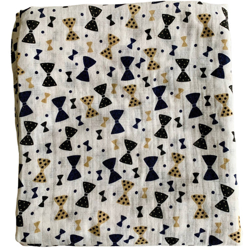 Organic Cotton Muslin Cloth Swaddle with black and gold bows varying sizes on white. 