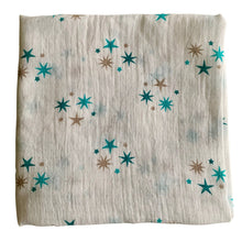 Load image into Gallery viewer, Organic Cotton Muslin Cloth with blue and gold stars varying shades on white background. 
