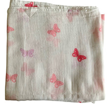 Load image into Gallery viewer, Organic Cotton Muslin Baby Swaddle Cloth with pink and lilac butterflies on white. 
