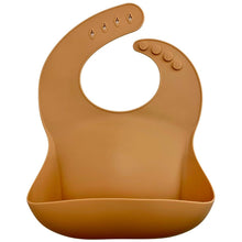 Load image into Gallery viewer, Silicone Bib BPA Free in light brown/camel colour and 4 buttons with large crumb catcher scoop.
