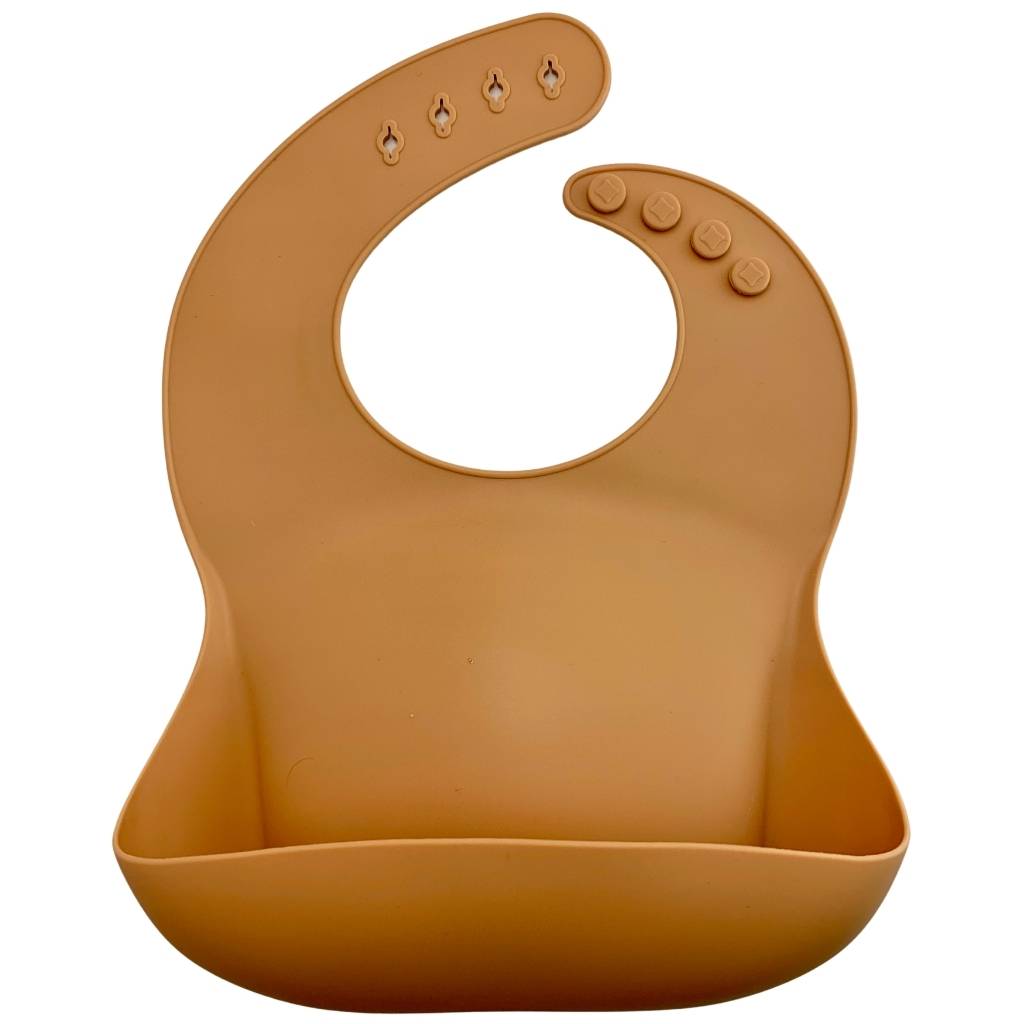 Silicone Bib BPA Free in light brown/camel colour and 4 buttons with large crumb catcher scoop.