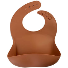 Load image into Gallery viewer, Silicone Bib BPA Free in a medium brown colour and 4 buttons with large crumb catcher scoop.
