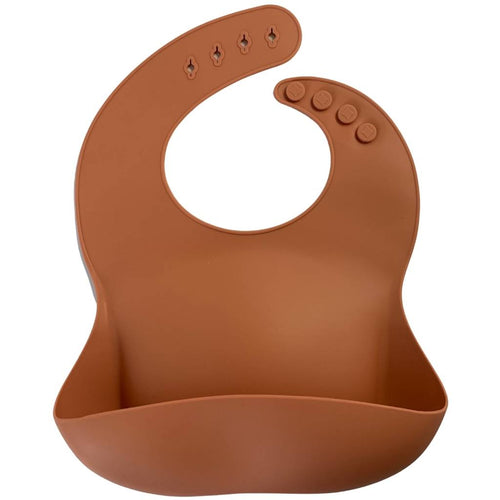 Silicone Bib BPA Free in a medium brown colour and 4 buttons with large crumb catcher scoop.