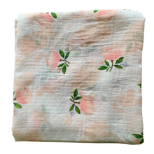 Load image into Gallery viewer, Organic Cotton Muslin Baby Swaddle Cloth with delicate floral pink/peach rose and cotton pattern on white.
