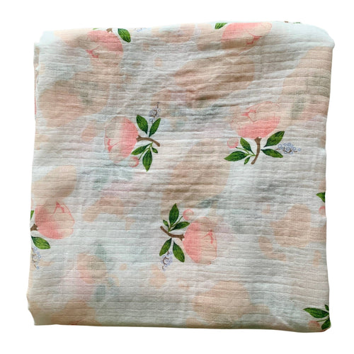 Organic Cotton Muslin Baby Swaddle Cloth with delicate floral pink/peach rose and cotton pattern on white.