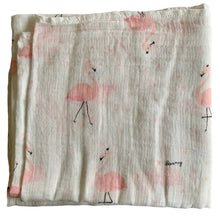 Load image into Gallery viewer, Organic Cotton Muslin Baby Swaddle Cloth with delicate pink flamingo pattern on white.
