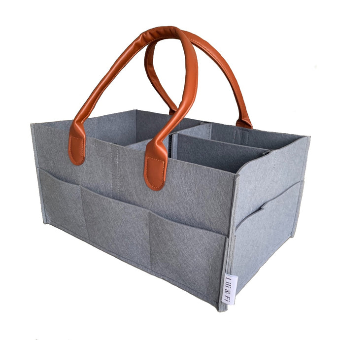 grey nappy caddy organiser with brown PU leather handles on white background