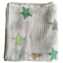 Load image into Gallery viewer, Organic Cotton Muslin Baby Swaddle Cloth with varying shaded of green/grey star balloons and floating brown elephant pattern on white.
