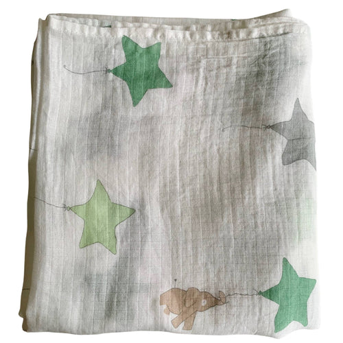 Organic Cotton Muslin Baby Swaddle Cloth with varying shaded of green/grey star balloons and floating brown elephant pattern on white.