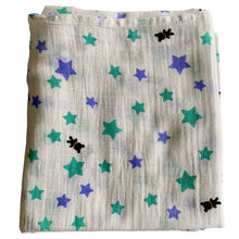 Load image into Gallery viewer, Organic Cotton Muslin Baby Swaddle Cloth with varying sizes of small green and blue stars and small black bears pattern on white.
