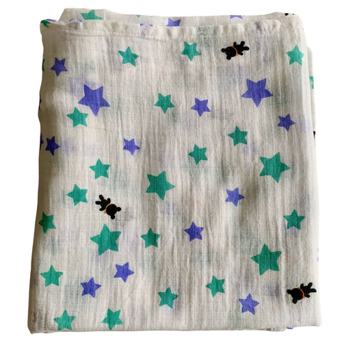 Organic Cotton Muslin Baby Swaddle Cloth with varying sizes of small green and blue stars and small black bears pattern on white.