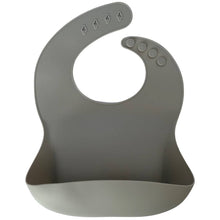 Load image into Gallery viewer, Silicone Bib BPA Free in a medium grey colour and 4 buttons with large crumb catcher scoop.
