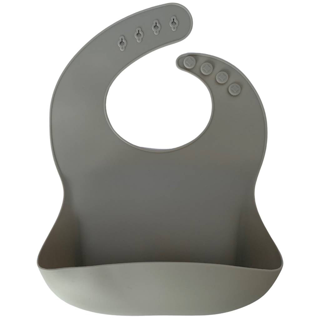 Silicone Bib BPA Free in a medium grey colour and 4 buttons with large crumb catcher scoop.