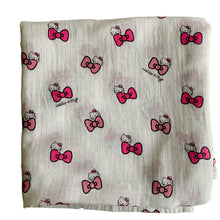 Load image into Gallery viewer, Organic Cotton Muslin Baby Swaddle Cloth with Pink Hello kitty and bows pattern on white.
