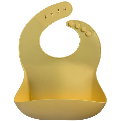 Silicone Bib BPA Free in a light pastel yellow colour and 4 buttons with large crumb catcher scoop.