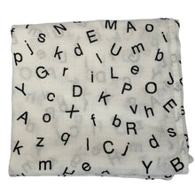 Load image into Gallery viewer, Organic Cotton Muslin Baby Swaddle Cloth with Black letters/alphabet pattern on white.
