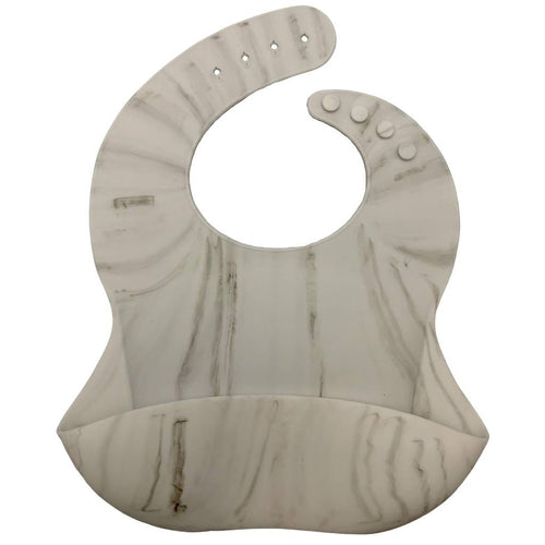 Silicone Bib BPA Free in a white and grey marble print colour and 4 buttons with large crumb catcher scoop.