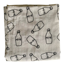 Load image into Gallery viewer, Organic Cotton Muslin Baby Swaddle Cloth with Black milk bottle pattern on white.
