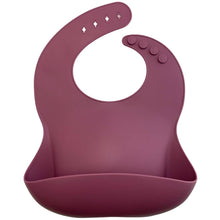 Load image into Gallery viewer, Silicone Bib BPA Free in a deep wine/maroon colour and 4 buttons with large crumb catcher scoop.
