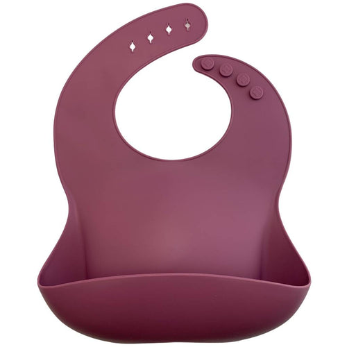 Silicone Bib BPA Free in a deep wine/maroon colour and 4 buttons with large crumb catcher scoop.