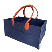 Load image into Gallery viewer, Navy blue nappy caddy organiser with brown PU leatherjacker handles on white background
