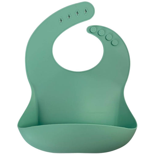 Silicone Bib BPA Free in a light pastel aqua/mint colour and 4 buttons with large crumb catcher scoop.