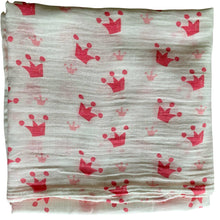 Load image into Gallery viewer, Organic Cotton Muslin Baby Swaddle Cloth with pink crowns pattern on white.
