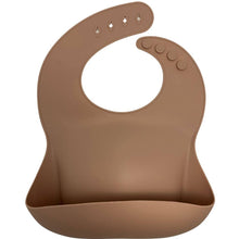 Load image into Gallery viewer, Silicone Bib BPA Free in a light brown/nude colour and 4 buttons with large crumb catcher scoop.
