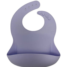 Load image into Gallery viewer, Silicone Bib BPA Free in a light pastel lilac colour and 4 buttons with large crumb catcher scoop.
