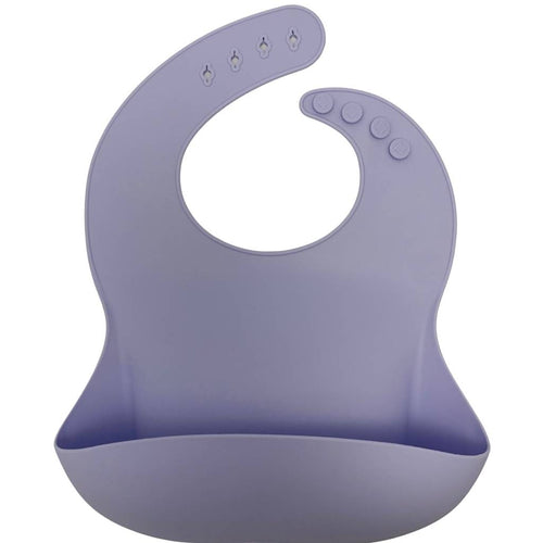 Silicone Bib BPA Free in a light pastel lilac colour and 4 buttons with large crumb catcher scoop.