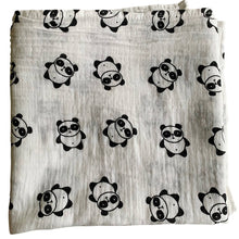 Load image into Gallery viewer, Organic Cotton Muslin Baby Swaddle Cloth with cute Black Panda pattern on white.
