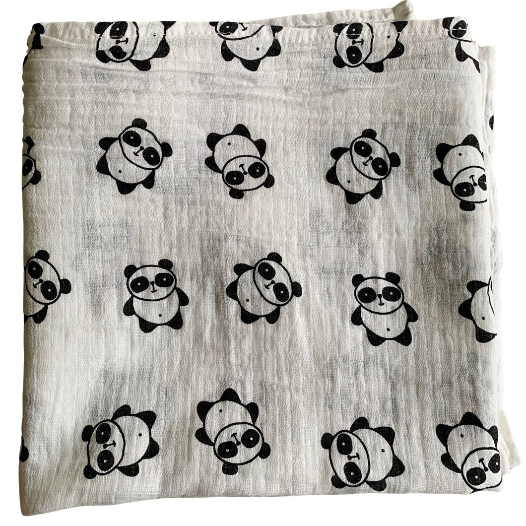 Organic Cotton Muslin Baby Swaddle Cloth with cute Black Panda pattern on white.