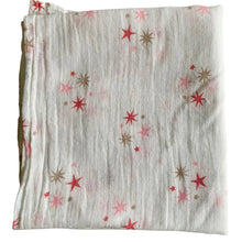 Load image into Gallery viewer, Organic Cotton Muslin Baby Swaddle Cloth with pink and gold star pattern on white.
