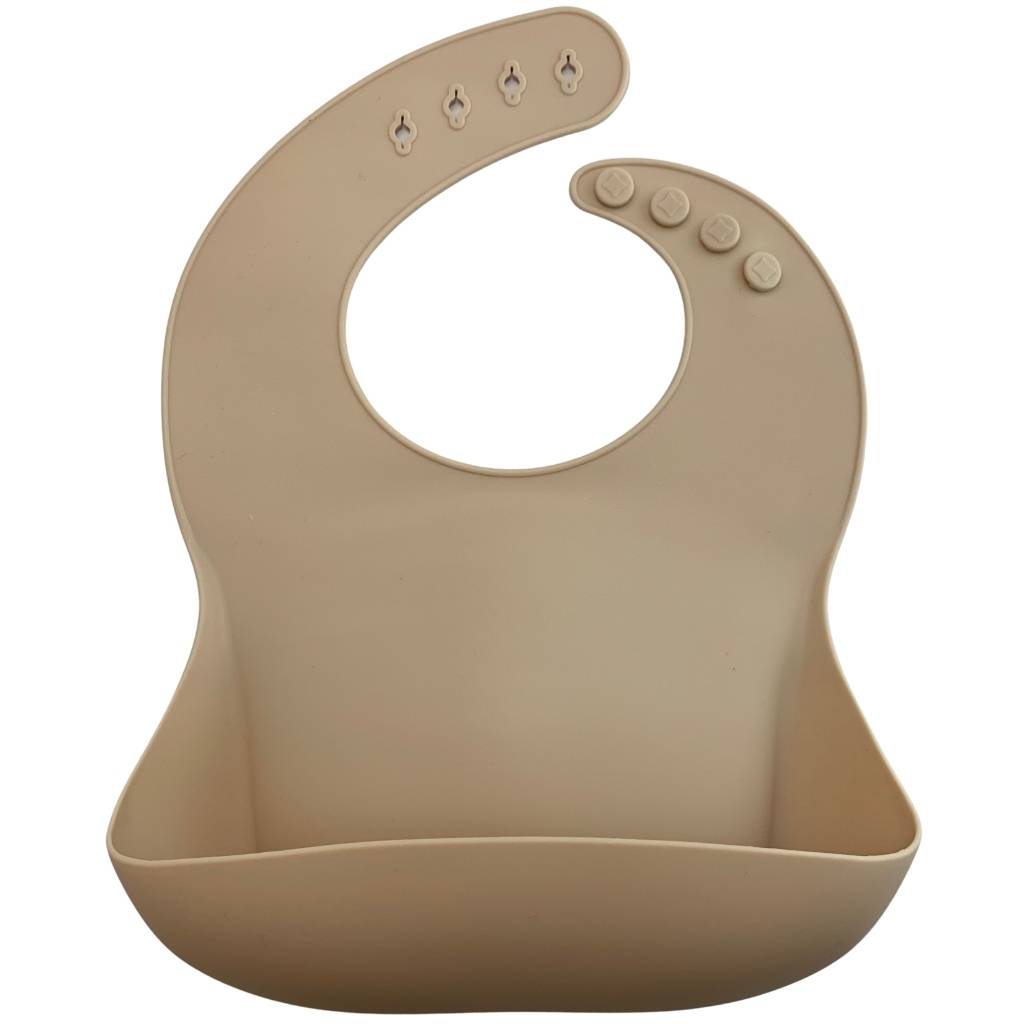 Silicone Bib BPA Free in a light brown/nude colour and 4 buttons with large crumb catcher scoop.