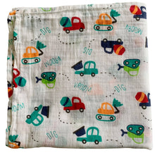 Load image into Gallery viewer, Organic Cotton Muslin Baby Swaddle Cloth with colourful car, mixer and digger print on white.
